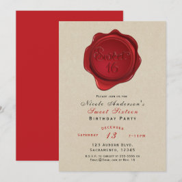 Red Wax Seal Sweet 16 Rustic Kraft Verjaardagsfees Kaart