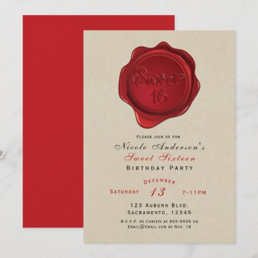Red Wax Seal Sweet 16 Rustic Kraft Verjaardagsfees Kaart (Voorkant / Achterkant)