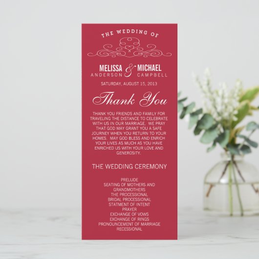 RED WEDDING PROGRAMMA |  ELEGANTIE PROGRAMMAKAART (Staand voorkant)