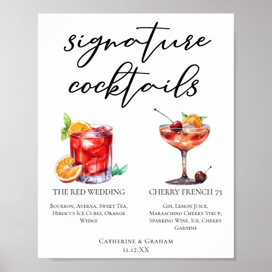 Red Wedding Signature Cocktails Menu Poster (Voorkant)