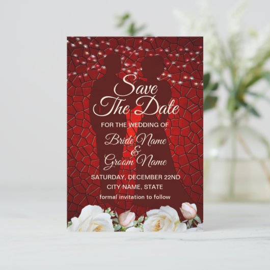 Red Wedding White Flowers Modern Save The Date (Staand voorkant)