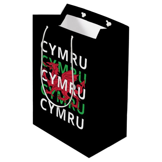 Red Welsh Dragon Cymru Herhaling Text Wales Roots Medium Cadeauzakje (Achterkant Gekanteld)