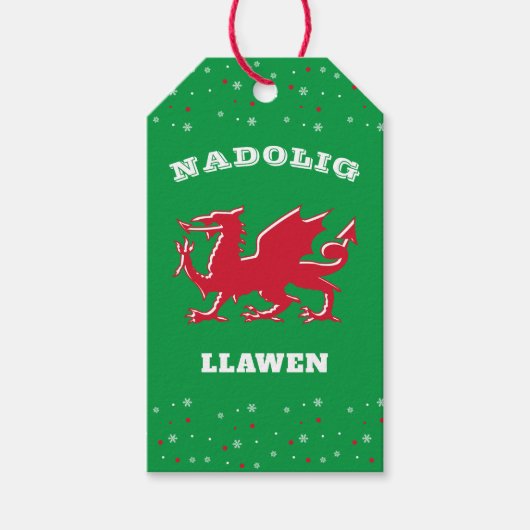 Red Welsh Dragon Merry Kerstmis Nadolig Llawen Cadeaulabel (Voorkant)