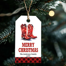 Red western boots festive Christmas gift tag