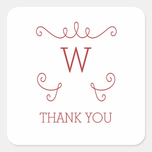 Red Whimsical Flourish Monogram Dank je Vierkante Sticker (Voorkant)