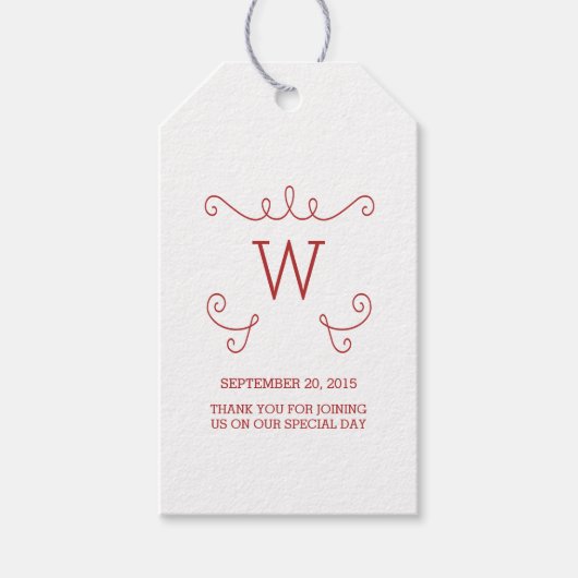 Red Whimsical Flourish Monogram Gift Labels Cadeaulabel (Voorkant)
