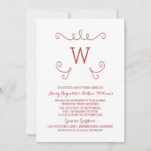 Red Whimsical Flourish Monogram Wedding Invite Kaart (Voorkant)