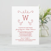 Red Whimsical Flourish Monogram Wedding Invite Kaart (Staand voorkant)