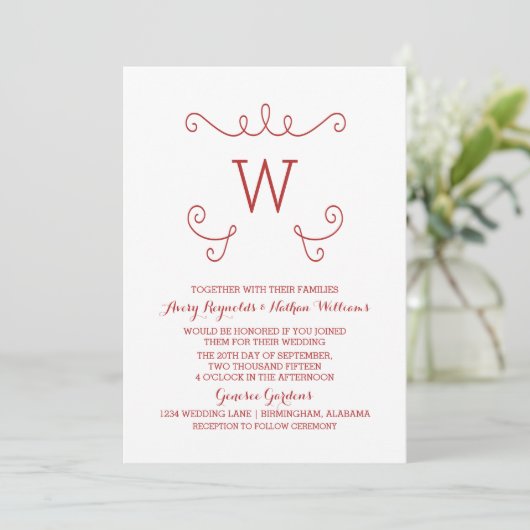 Red Whimsical Flourish Monogram Wedding Invite Kaart (Staand voorkant)