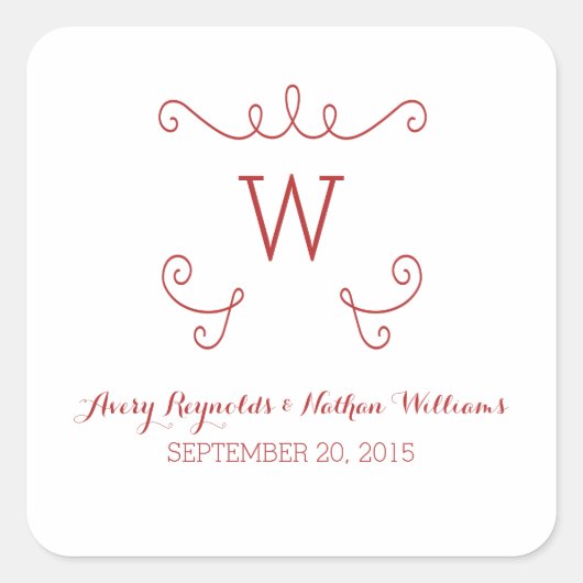Red Whimsical Flourish Monogram Wedding Stickers (Voorkant)