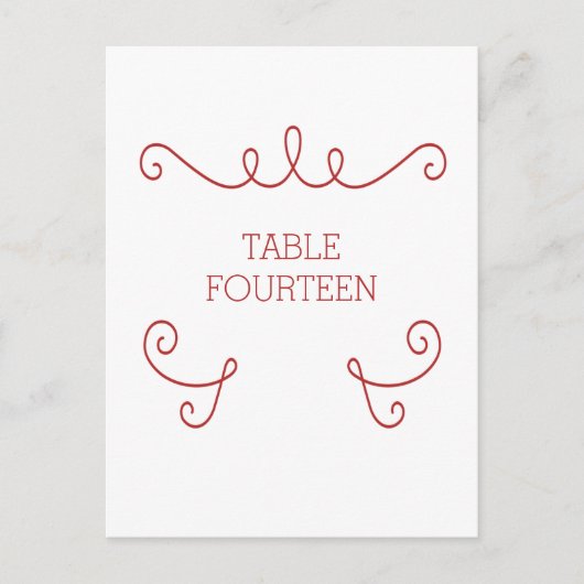 Red Whimsical Flourish Table Number Briefkaart (Voorkant)