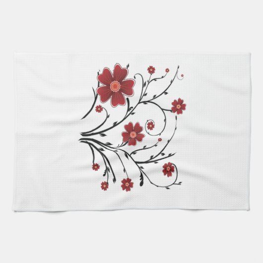 Red Whimsical Flowers Kitchen Towel Theedoek (Horizontaal)