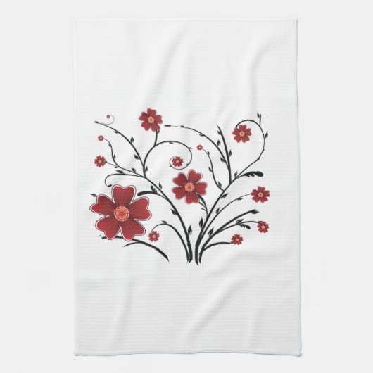 Red Whimsical Flowers Kitchen Towel Theedoek (Verticaal)