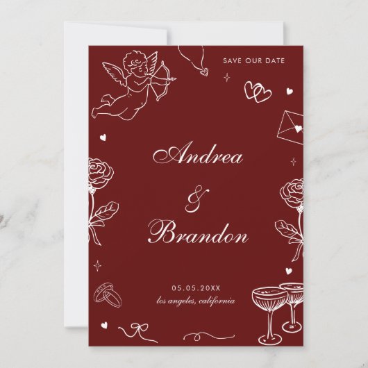 Red Whimsical Hand Drawn Fun Scribble Wedding Save The Date (Voorkant)