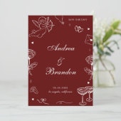 Red Whimsical Hand Drawn Fun Scribble Wedding Save The Date (Staand voorkant)