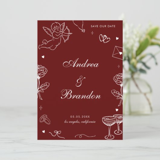 Red Whimsical Hand Drawn Fun Scribble Wedding Save The Date (Staand voorkant)