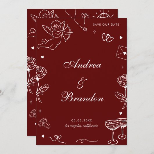 Red Whimsical Hand Drawn Fun Scribble Wedding Save The Date (Voorkant / Achterkant)
