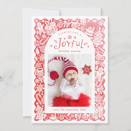 Red Whimsical Hand Drawn Joyful Holiday Photo Feestdagenkaart (Voorkant)