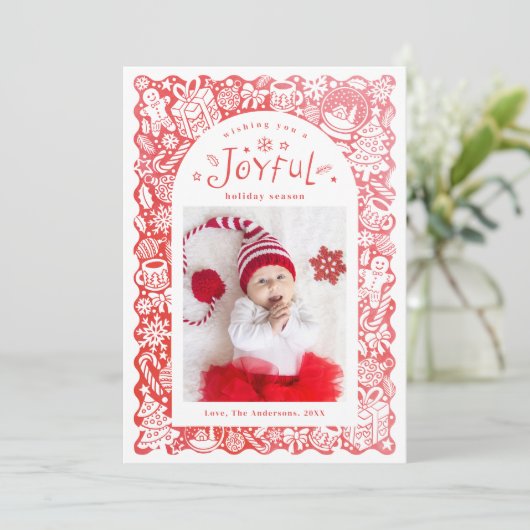 Red Whimsical Hand Drawn Joyful Holiday Photo Feestdagenkaart (Staand voorkant)