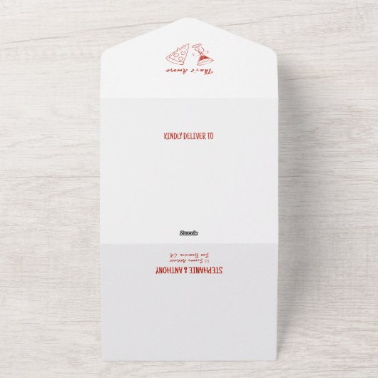 Red Whimsical Pizza That's Amore Italian Wedding All In One Uitnodiging (Buitenkant)