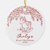 Red Whimsical rocking horse Baby's 1st Christmas Keramisch Ornament (Voorkant)