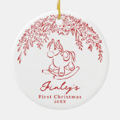 Red Whimsical rocking horse Baby's 1st Christmas Keramisch Ornament (Achterkant)