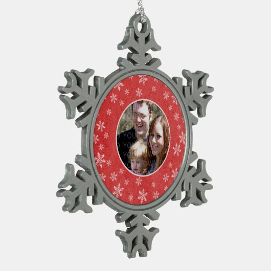 Red Whimsical Snowflakes Photo Pewter Ornament (Links)
