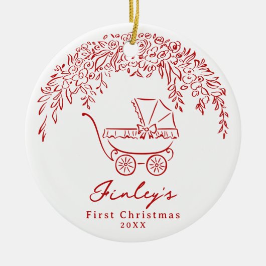 Red Whimsical Stroller Baby's First Christmas Keramisch Ornament (Voorkant)