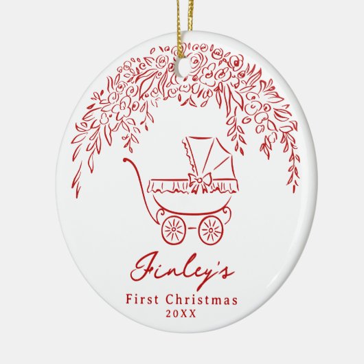 Red Whimsical Stroller Baby's First Christmas Keramisch Ornament (Links)