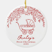 Red Whimsical Stroller Baby's First Christmas Keramisch Ornament (Achterkant)