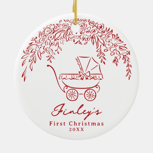 Red Whimsical Stroller Baby's First Christmas Keramisch Ornament (Achterkant)