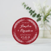 Red Whimsical Winter Wreath Save the Date Kaart (Staand voorkant)