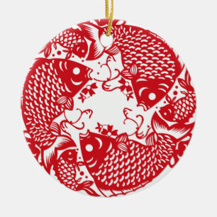 Red Whirling Koi Carp Fish Group Keramisch Ornament