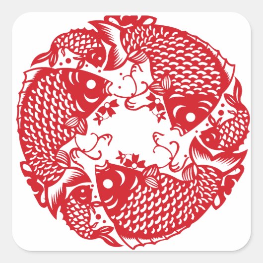Red Whirling Koi Carp Fish Group Klassieke SqS Vierkante Sticker (Voorkant)