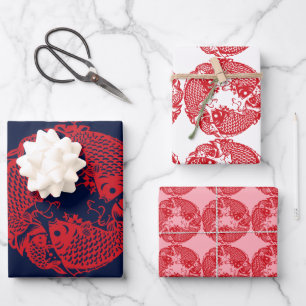 Red Whirling Koi Carp Fish Group WPS3 Inpakpapier Vel