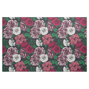 Red, white and bi-color roses with green leaves on stof
