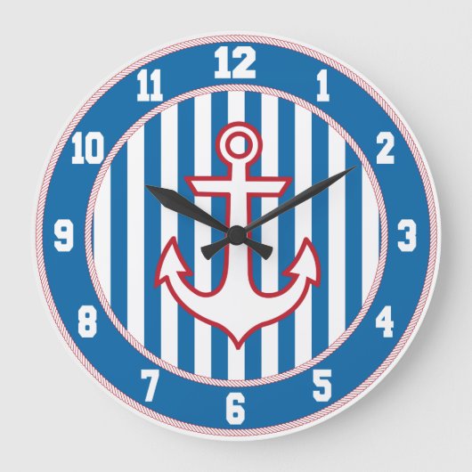 Red White and Blue Nautical Anchor Clock Grote Klok (Voorkant)