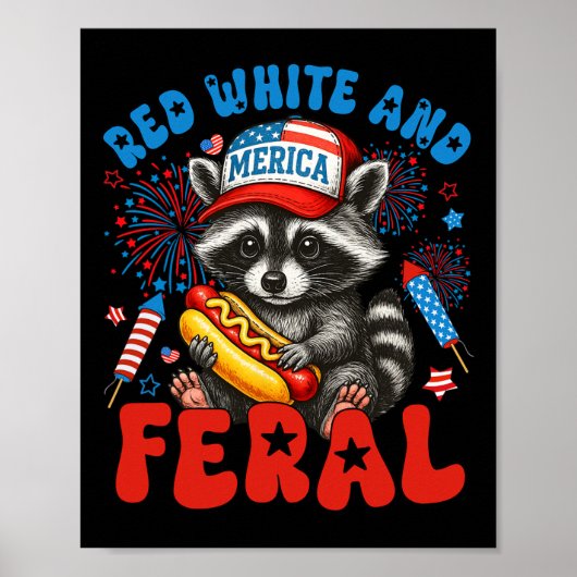 Red White and Feral Funny Raccoon Verenigde Staten Poster (Voorkant)