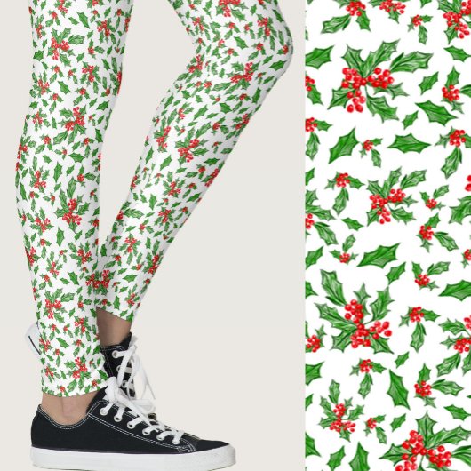 Red, white, and green holly Christmas Patterned Leggings