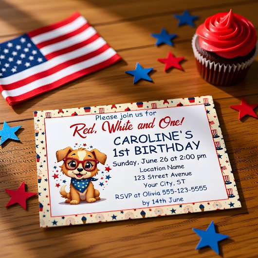 Red White And One Patriotic Puppy Invitation Kaart