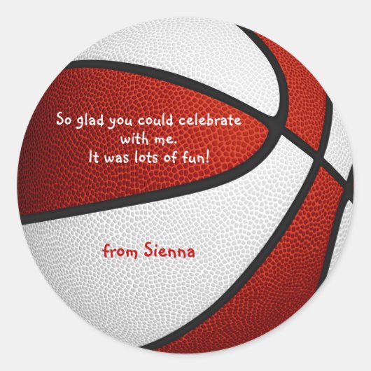 Red White Basketbal Meisjes Party Dank u Ronde Sticker (Voorkant)