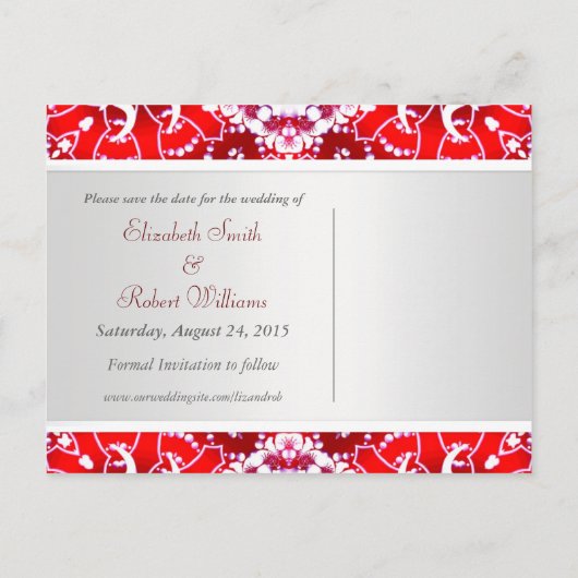 Red White Batik Save the Date Briefkaart (Achterkant)