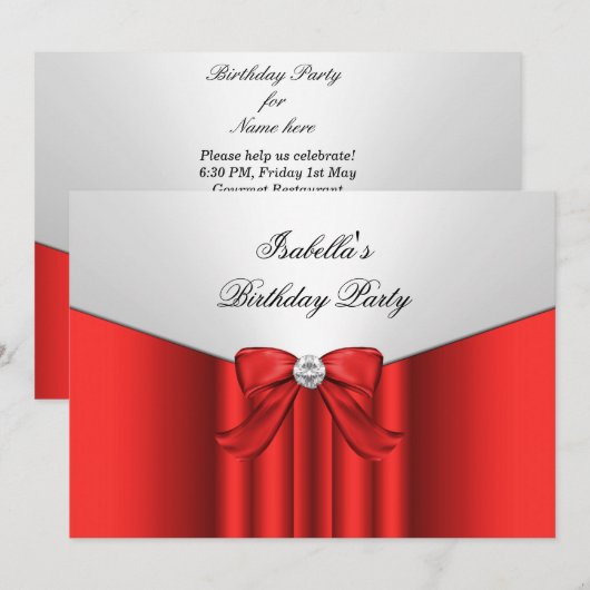 Red White Birthday Party Diamond Bow Kaart (Voorkant / Achterkant)