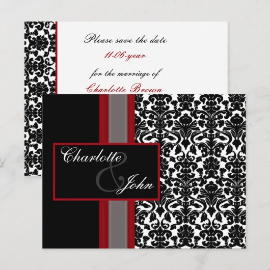Red White Black Damask Wedding Invitations Aankondigingskaart (Voorkant / Achterkant)