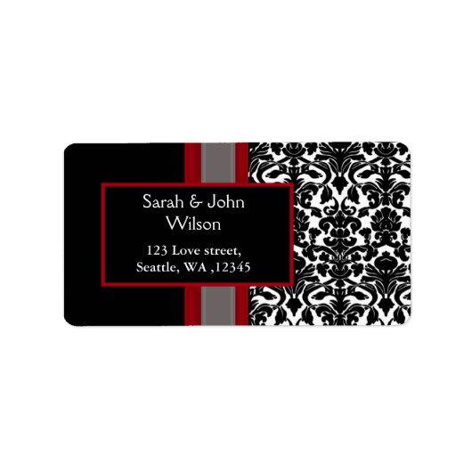 Red White Black Damask Wedding Invitations Etiket (Voorkant)