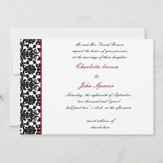 Red White Black Damask Wedding Invitations Kaart (Achterkant)