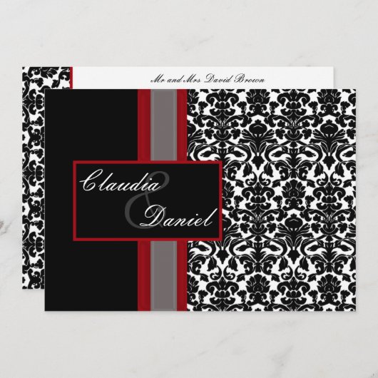 Red White Black Damask Wedding Invitations Kaart (Voorkant / Achterkant)