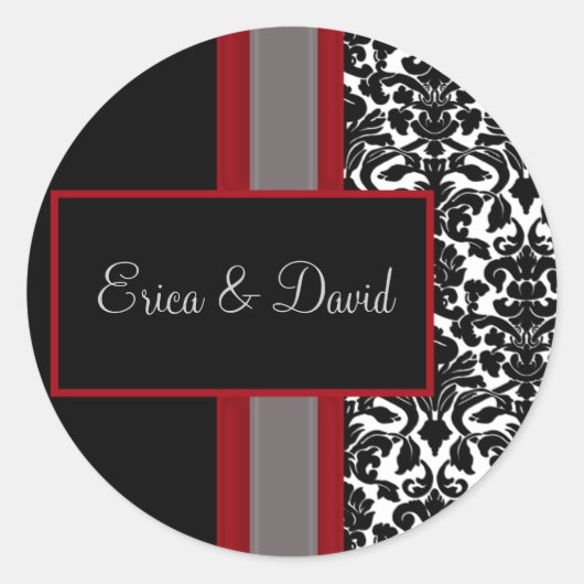 Red White Black Damask Wedding Invitations Ronde Sticker (Voorkant)