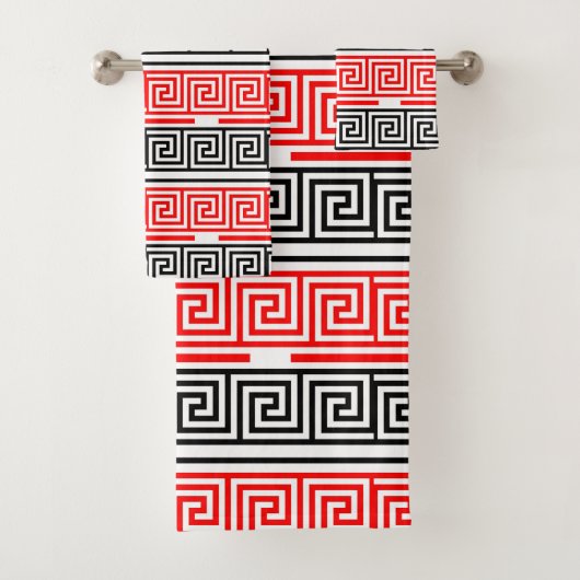Red White Black Greek Key Fret Pattern Design Bad Handdoek (Insitu)