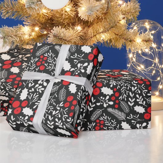Red White Black Holly Berries Mistletoe Kerstmis Cadeaupapier (Feestdagen)